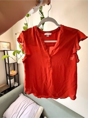 Calvin Klein Red Orange Ruffle Sleeve V-Neck Blouse